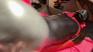 Mistress puts Vibrator on her Full Rubber Slave